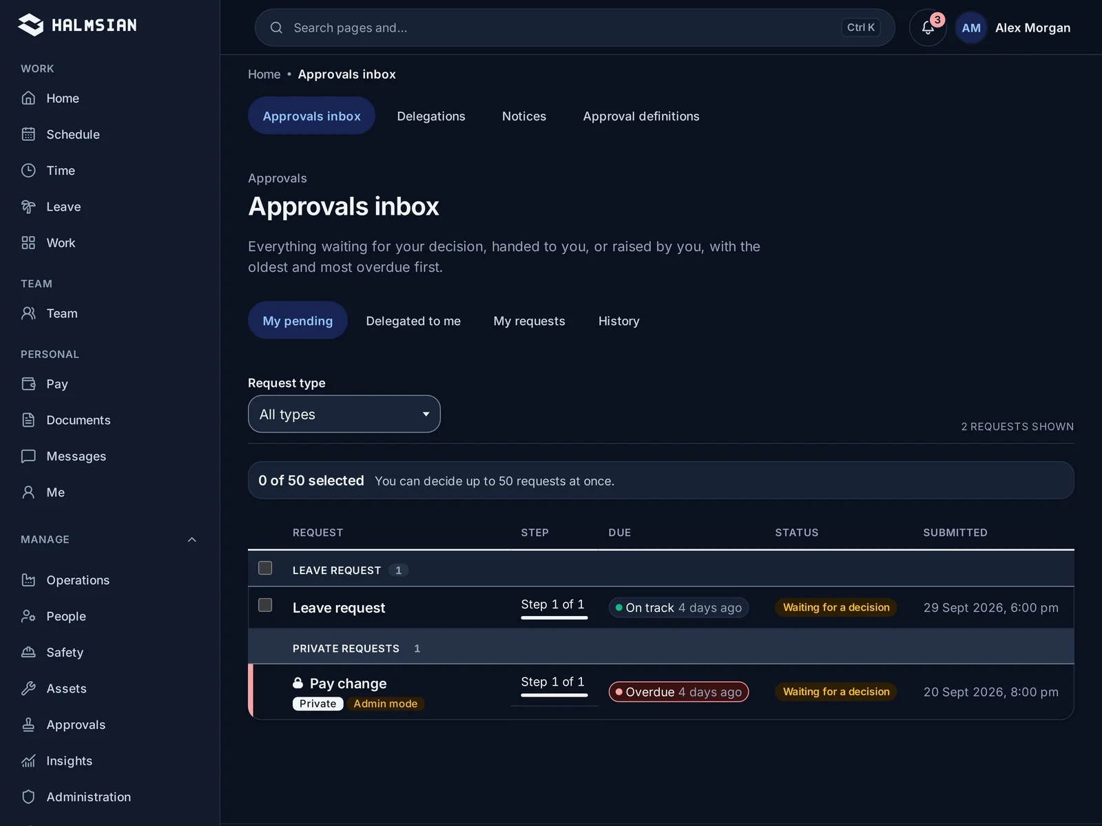 The approvals queue grouping requests by type
