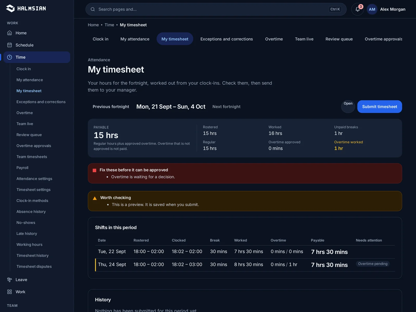 Timesheets lined up against rostered shifts for approval