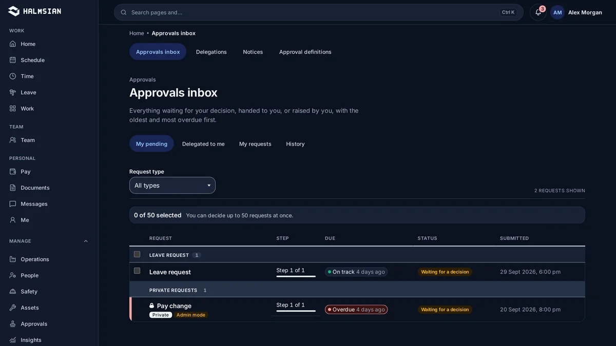 The Halmsian web app showing the approvals queue